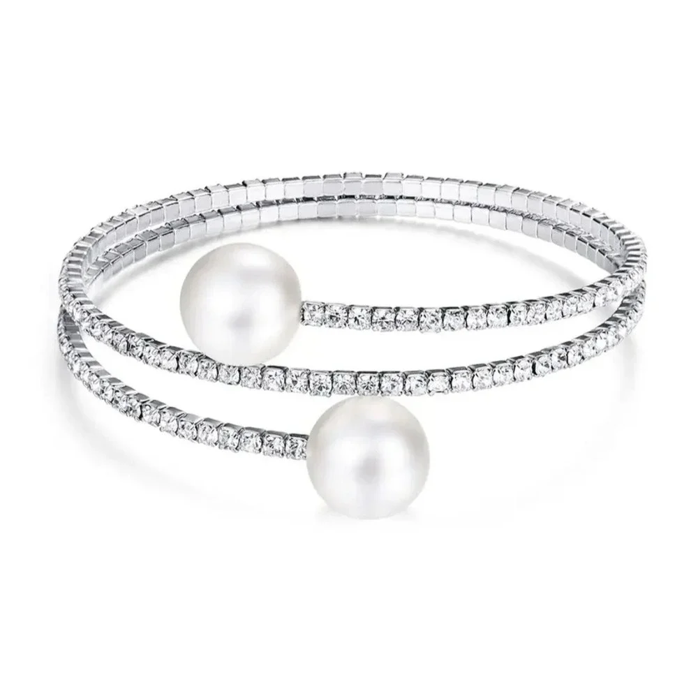 Cara‎ NY Silver Tone Rhinestone Faux Pearl Coil Wrap Bypass Bracelet Womens